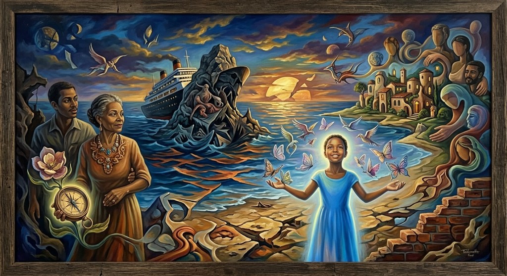 A vibrant mural depicting a coastal scene with a woman and man looking at a girl in a blue dress surrounded by butterflies. In the background, a ship sails past rocky cliffs and a sunset, while a quaint village is perched on the shore.